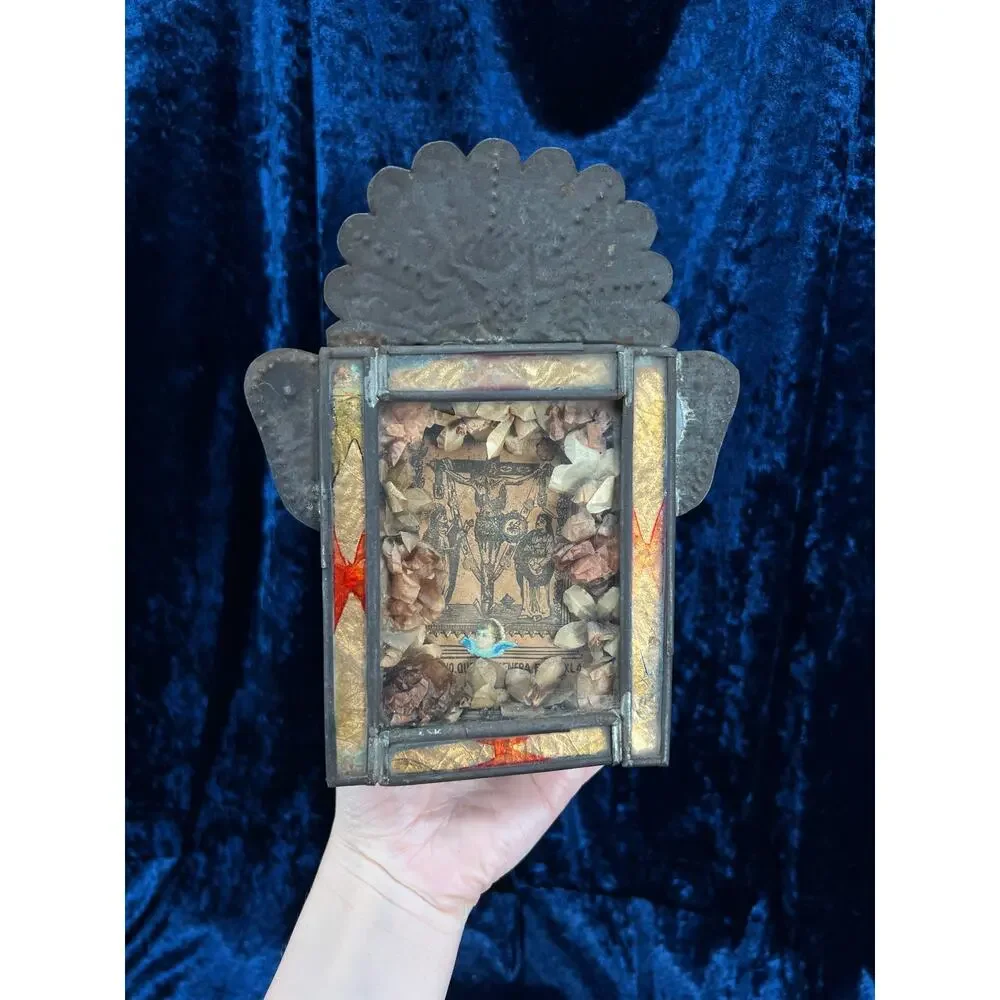 Vintage Metal Religious Shadow Box – Crucifixion Dried Flower Folk Art Shrine